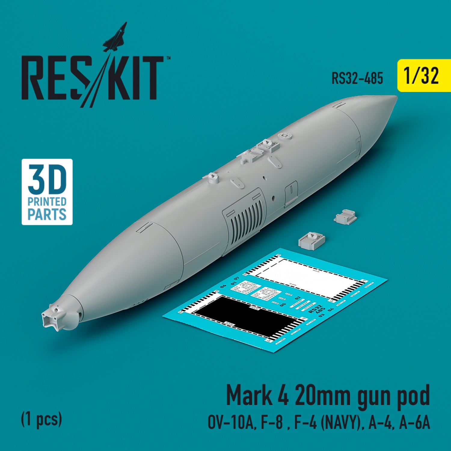 Mark 4 20mm gun pod (1 pcs) (OV-10A, F-8, F-4 (USN), A-4, A-6A) (3D Printed) Scale 1:32 ResKit RS32-0485 for Aircraft Model Kit