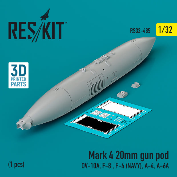 Mark 4 20mm gun pod (1 pcs) (OV-10A, F-8, F-4 (USN), A-4, A-6A) (3D Printed) Scale 1:32 ResKit RS32-0485 for Aircraft Model Kit
