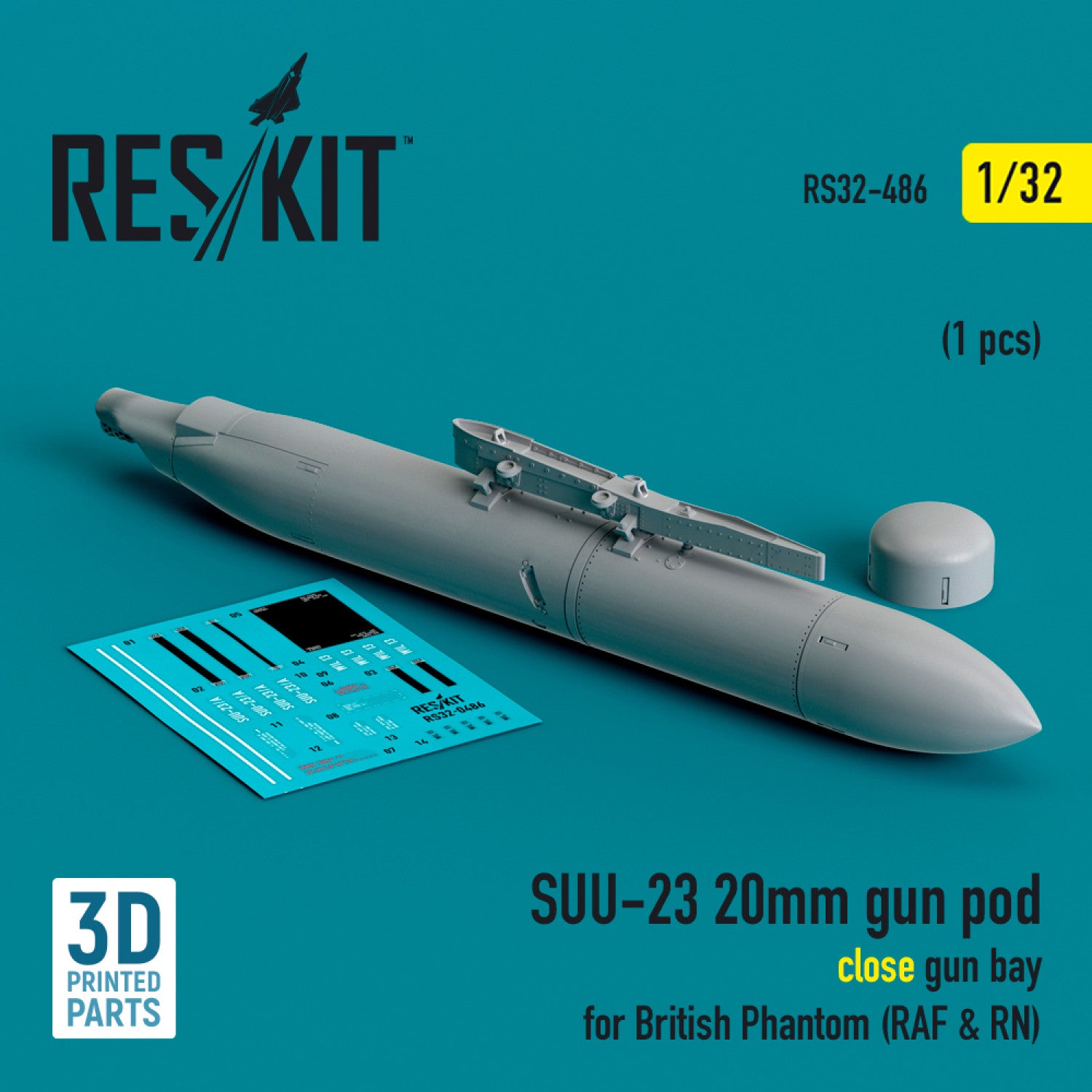 SUU-23 20mm gun pod (close gun bay) for British Phantom (RAF & RN) (1 pcs) (3D Printed) Scale 1:32 ResKit RS32-0486 for Aircraft Model Kit