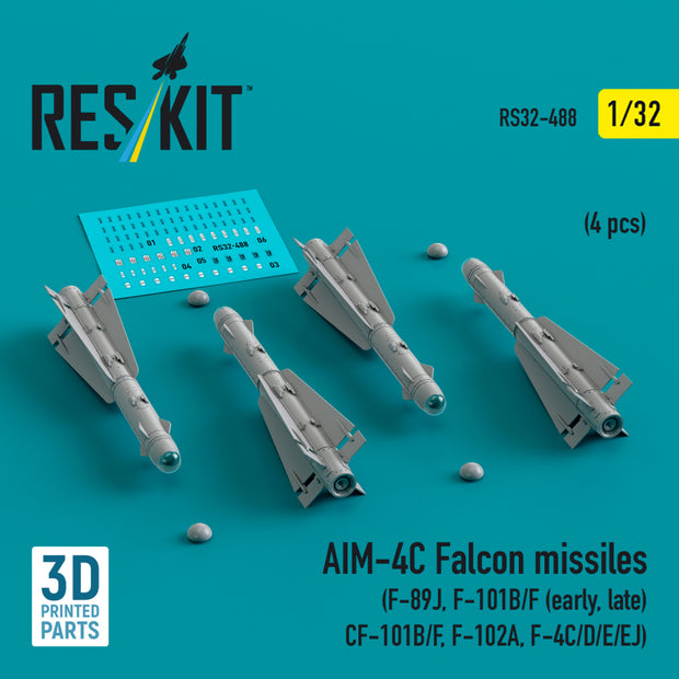 AIM-4C Falcon Missiles (4 pcs) (F-89J, F-101B/F (early, late), CF-101B/F, F-102A, F-4C/D/E/EJ) (3D Printed) Scale 1:32 ResKit RS32-0488 for Aircraft Model Kit