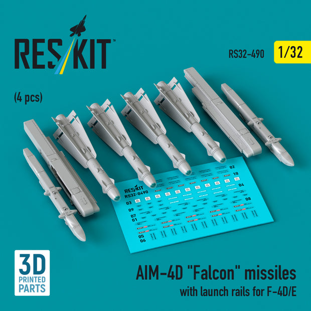 AIM-4D Falcon Missiles with launch rails for F-4D/E (4 pcs) (3D Printed) Scale 1:32 ResKit RS32-0490 for Aircraft Model Kit