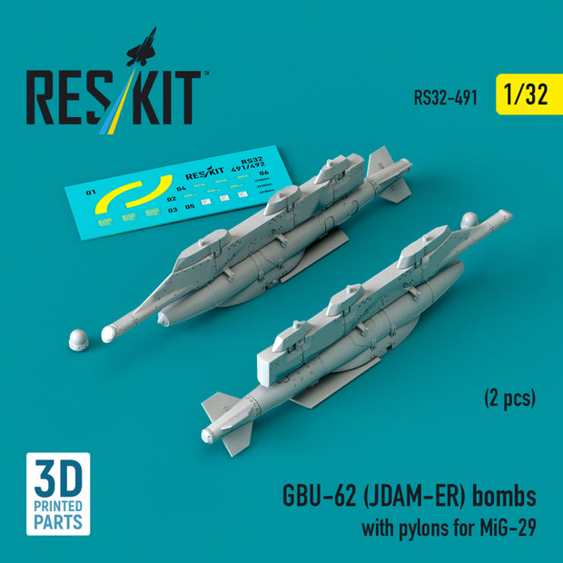 GBU-62 (JDAM-ER) Bombs with Pylons for MiG-29 (2 pcs) (3D Printed) Scale 1:32 ResKit RS32-0491 for Aircraft Model Kit