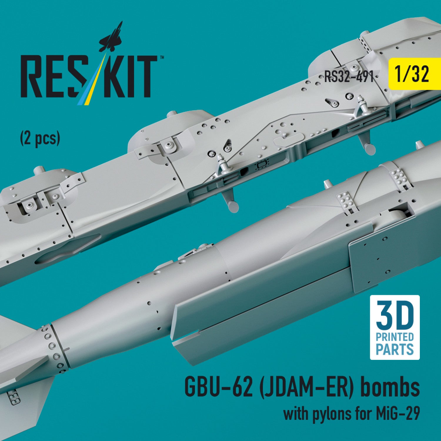 GBU-62 (JDAM-ER) Bombs with Pylons for MiG-29 (2 pcs) (3D Printed) Scale 1:32 ResKit RS32-0491 for Aircraft Model Kit