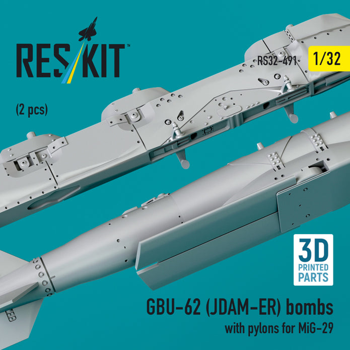 GBU-62 (JDAM-ER) Bombs with Pylons for MiG-29 (2 pcs) (3D Printed) Scale 1:32 ResKit RS32-0491 for Aircraft Model Kit