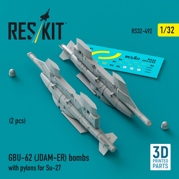 GBU-62 (JDAM-ER) Bombs with Pylons for Sukhoi Su-27 (2 pcs) (3D Printed) Scale 1:32 ResKit RS32-0492 for Aircraft Model Kit