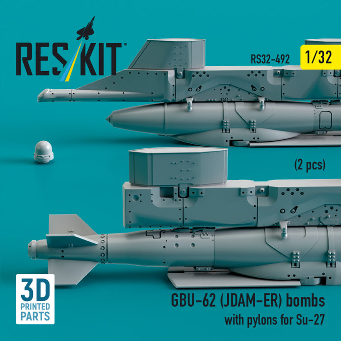 GBU-62 (JDAM-ER) Bombs with Pylons for Sukhoi Su-27 (2 pcs) (3D Printed) Scale 1:32 ResKit RS32-0492 for Aircraft Model Kit