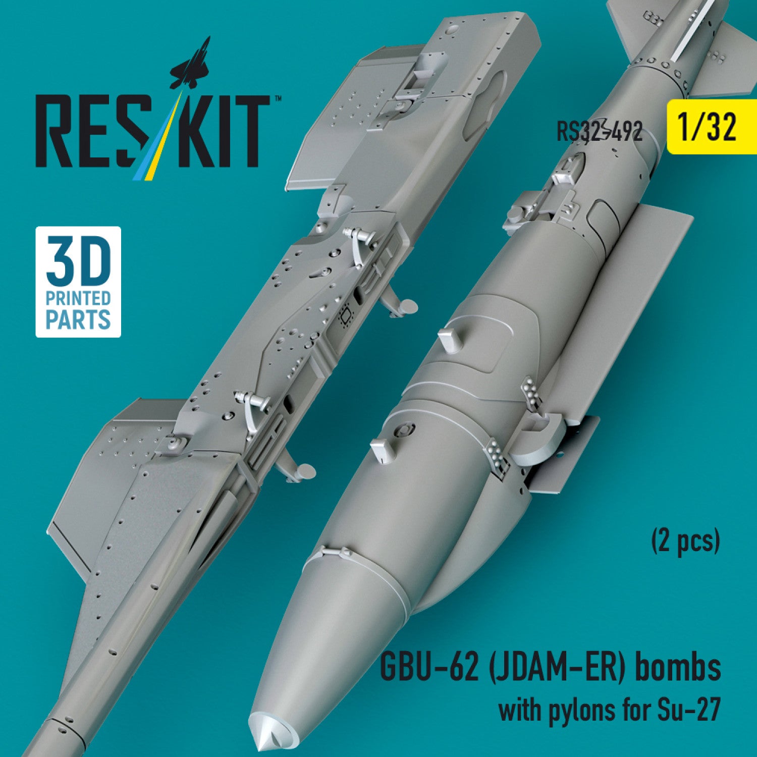 GBU-62 (JDAM-ER) Bombs with Pylons for Sukhoi Su-27 (2 pcs) (3D Printed) Scale 1:32 ResKit RS32-0492 for Aircraft Model Kit