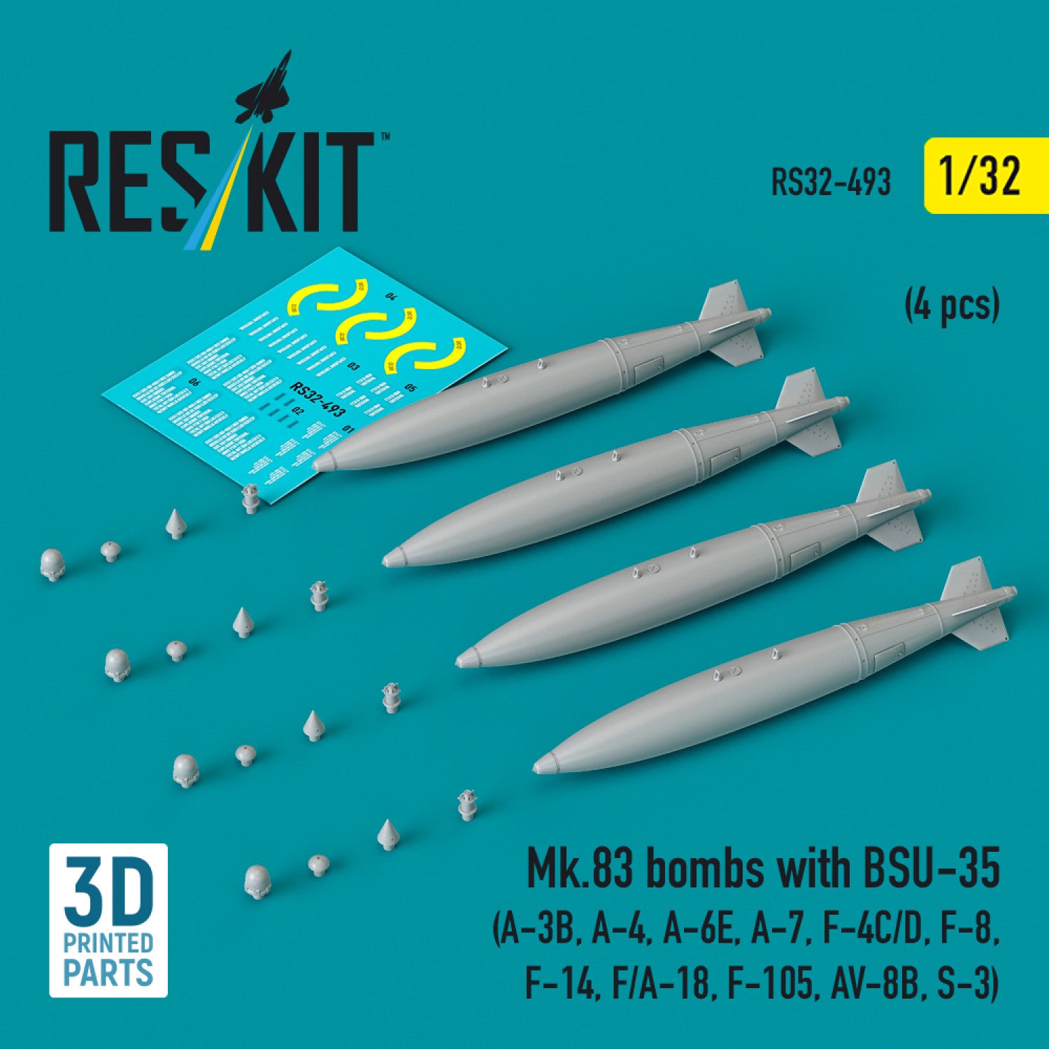 Mk.83 Bombs with BSU-35 (4 pcs) (A-3B, A-4, A-6E, A-7, F-4C/D, F-8, F-14, F/A-18, F-105, AV-8B, S-3) (3D printed) Scale 1:32 ResKit RS32-0493 for Aircraft Model Kit