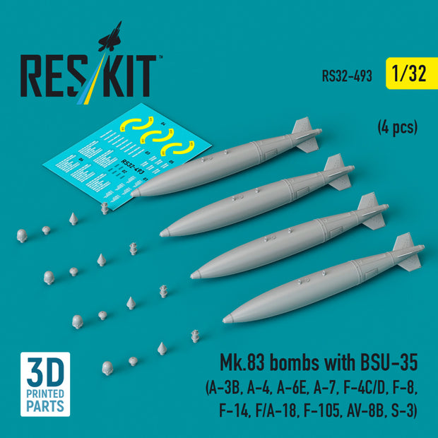Mk.83 Bombs with BSU-35 (4 pcs) (A-3B, A-4, A-6E, A-7, F-4C/D, F-8, F-14, F/A-18, F-105, AV-8B, S-3) (3D printed) Scale 1:32 ResKit RS32-0493 for Aircraft Model Kit