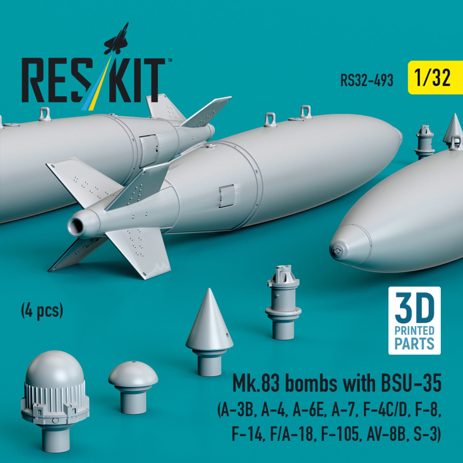 Mk.83 Bombs with BSU-35 (4 pcs) (A-3B, A-4, A-6E, A-7, F-4C/D, F-8, F-14, F/A-18, F-105, AV-8B, S-3) (3D printed) Scale 1:32 ResKit RS32-0493 for Aircraft Model Kit