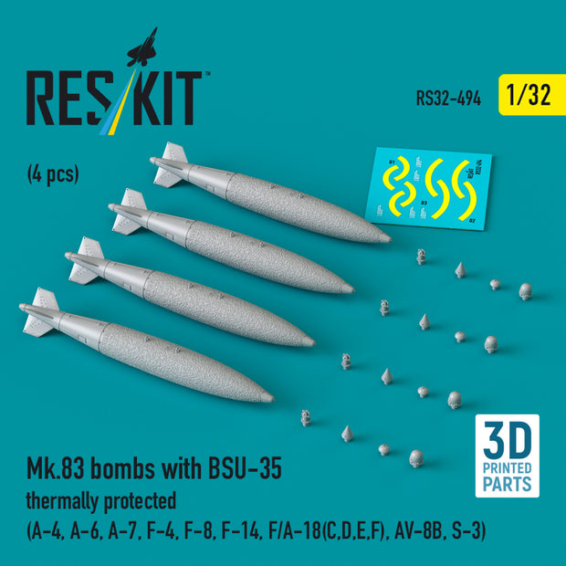 Mk.83 Bombs with BSU-35 Thermally Protected (4 pcs) (A-4, A-6, A-7, F-4, F-8, F-14, F/A-18(C,D,E,F), AV-8B, S-3) (3D printed) Scale 1:32 ResKit RS32-0494 for Aircraft Model Kit