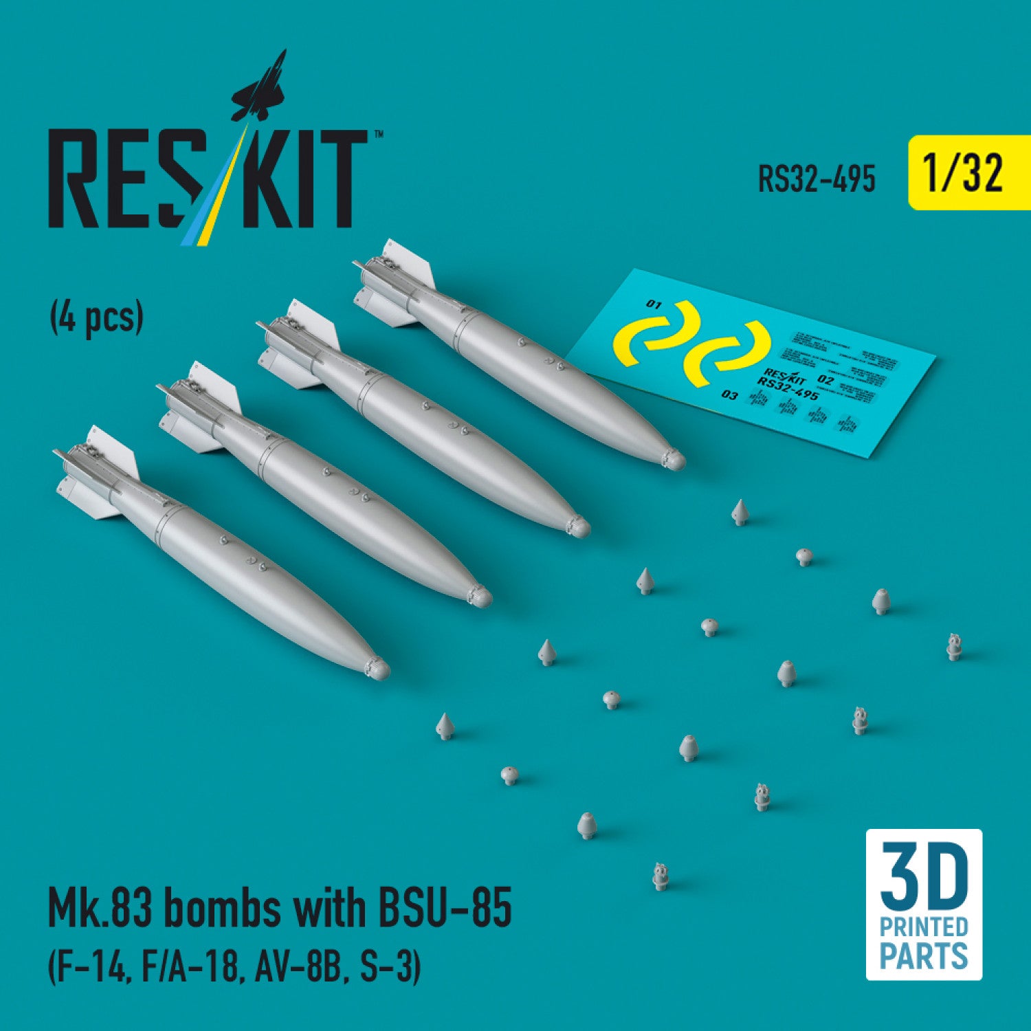 Mk.83 Bombs with BSU-85 (4 pcs) (F-14, F/A-18, AV-8B, S-3) (3D printed) Scale 1:32 ResKit RS32-0495 for Aircraft Model Kit