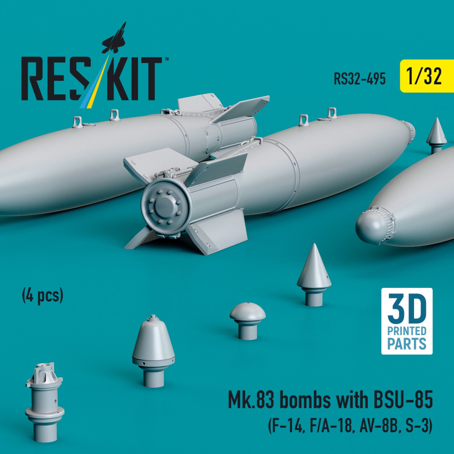 Mk.83 Bombs with BSU-85 (4 pcs) (F-14, F/A-18, AV-8B, S-3) (3D printed) Scale 1:32 ResKit RS32-0495 for Aircraft Model Kit