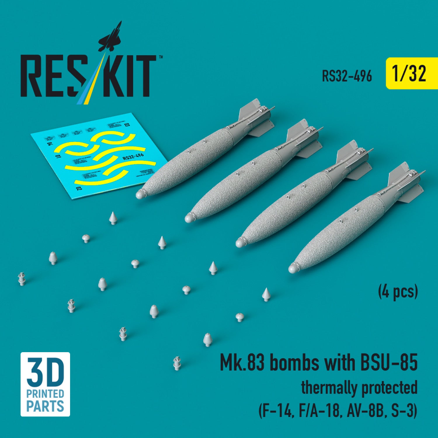 Mk.83 Bombs with BSU-85 Thermally Protected (4 pcs) (F-14, F/A-18, AV-8B, S-3) (3D printed) Scale 1:32 ResKit RS32-0496 for Aircraft Model Kit