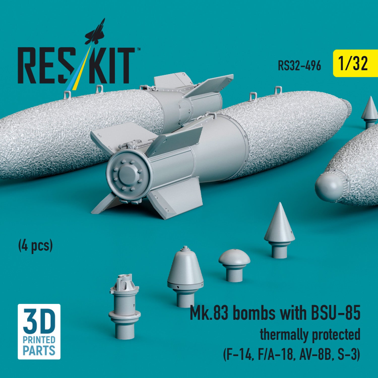 Mk.83 Bombs with BSU-85 Thermally Protected (4 pcs) (F-14, F/A-18, AV-8B, S-3) (3D printed) Scale 1:32 ResKit RS32-0496 for Aircraft Model Kit