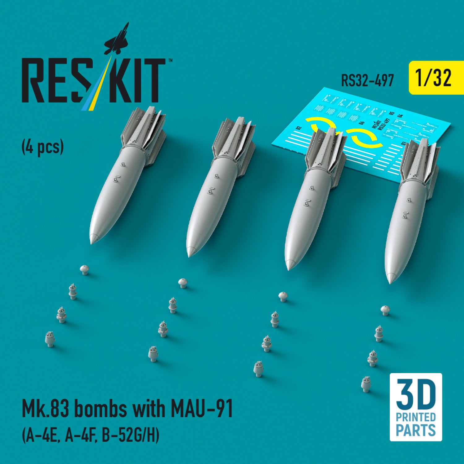 Mk.83 Bombs with MAU-91 (4 pcs) (A-4E, A-4F, B-52G/H) (3D printed) Scale 1:32 ResKit RS32-0497 for Aircraft Model Kit