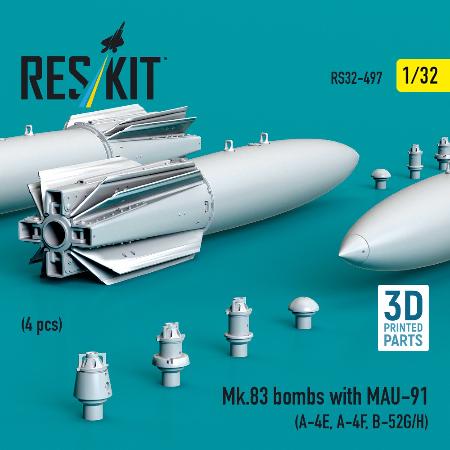 Mk.83 Bombs with MAU-91 (4 pcs) (A-4E, A-4F, B-52G/H) (3D printed) Scale 1:32 ResKit RS32-0497 for Aircraft Model Kit