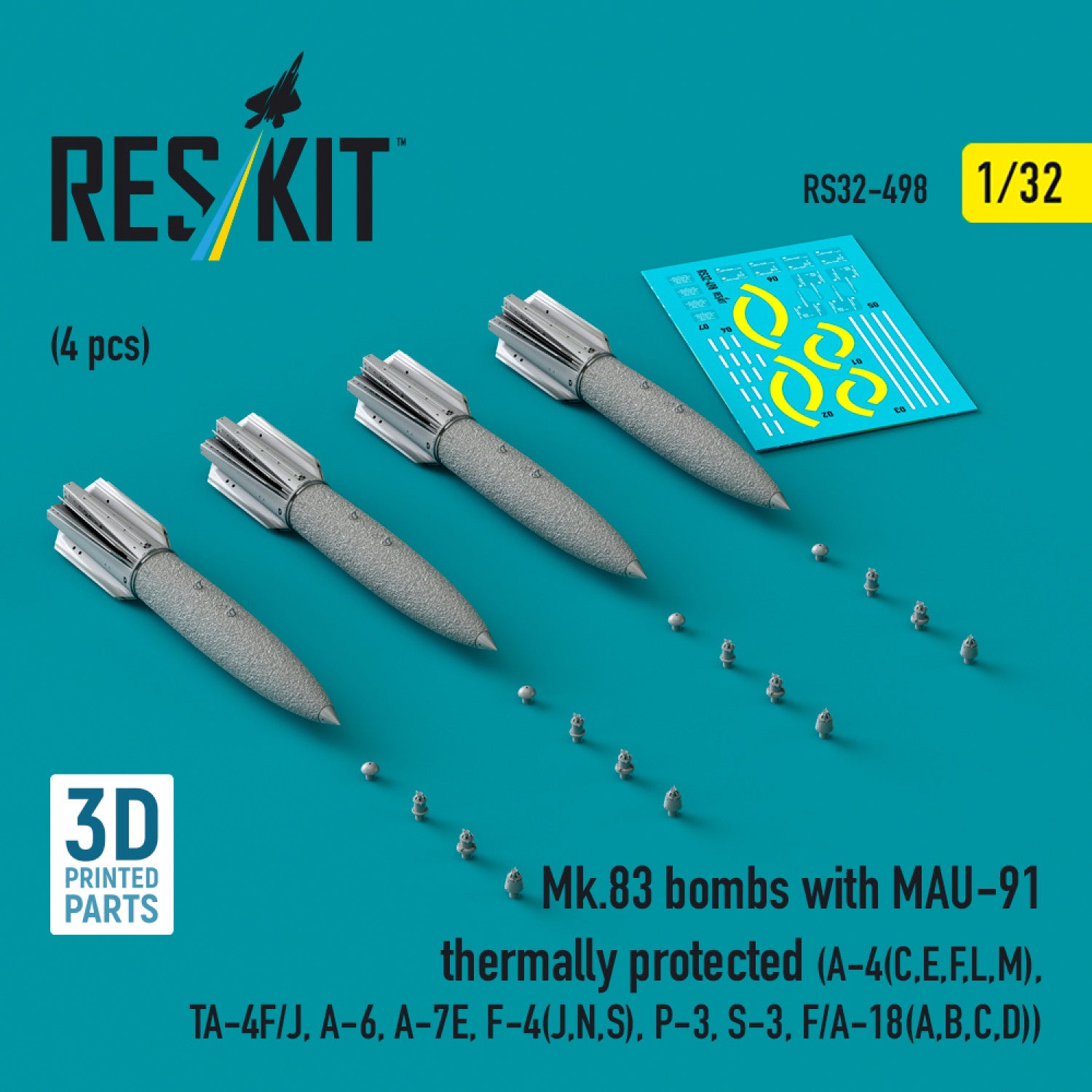 Mk.83 Bombs with MAU-91 Thermally Protected (4 pcs) (A-4(C,E,F,L,M), TA-4F/J, A-6, A-7E, F-4(J,N,S), P-3, S-3, F/A-18(A,B,C,D)) (3D printed) Scale 1:32 ResKit RS32-0498 for Aircraft Model Kit