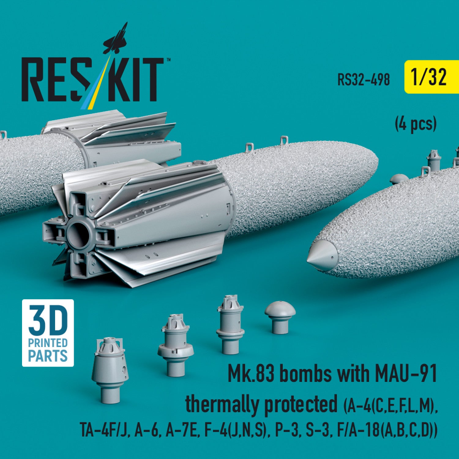 Mk.83 Bombs with MAU-91 Thermally Protected (4 pcs) (A-4(C,E,F,L,M), TA-4F/J, A-6, A-7E, F-4(J,N,S), P-3, S-3, F/A-18(A,B,C,D)) (3D printed) Scale 1:32 ResKit RS32-0498 for Aircraft Model Kit