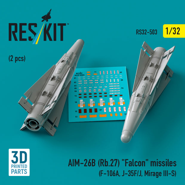AIM-26B (Rb,27) Falcon Missiles (2 pcs) (F-106A, J-35F/J, Mirage III-S) (3D Printed) Scale 1:32 ResKit RS32-0503 for Aircraft Model Kit
