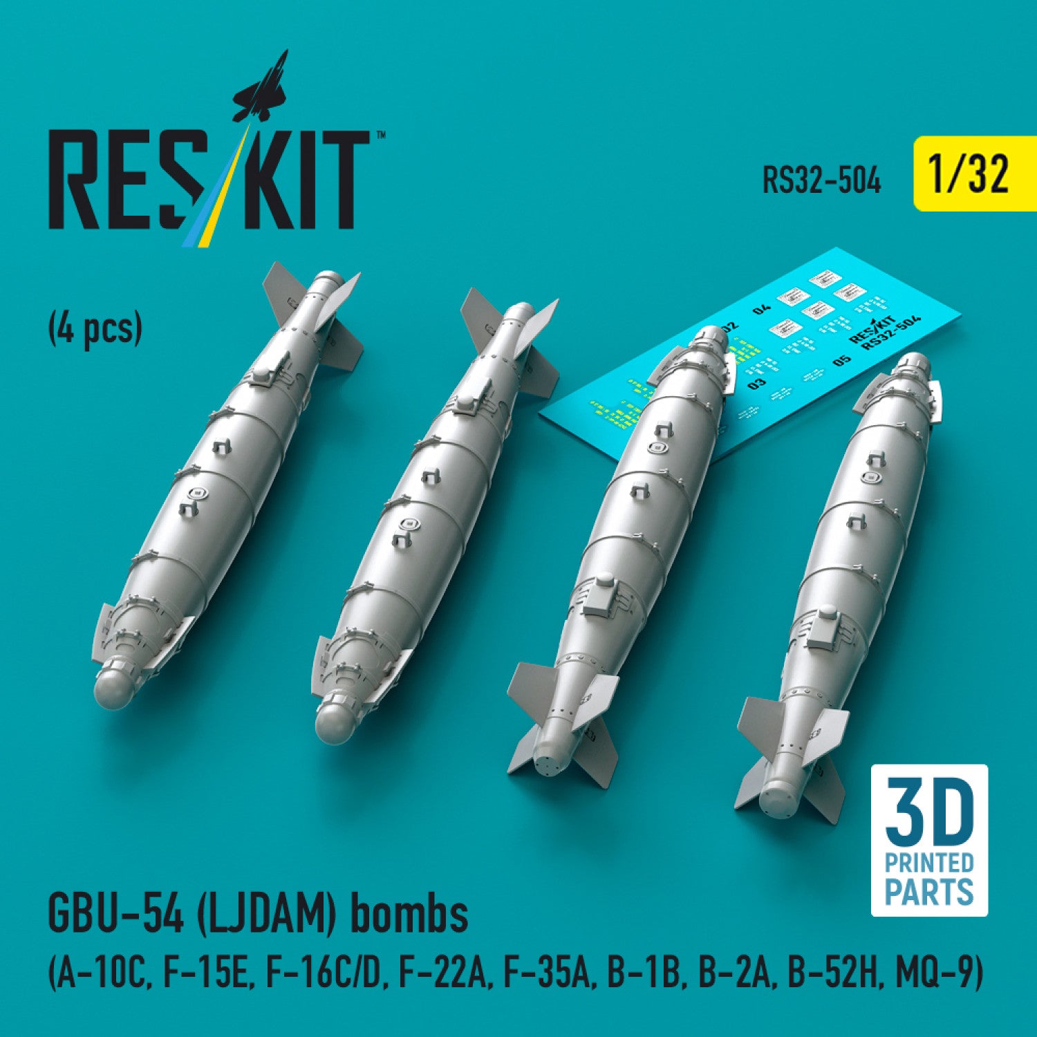 GBU-54 (LJDAM) Bombs (4 pcs) (A-10C, F-15E, F-16C/D, F-22A, F-35A, B-1B, B-2A, B-52H, MQ-9) (3D Printed) Scale 1:32 ResKit RS32-0504 for Aircraft Model Kit