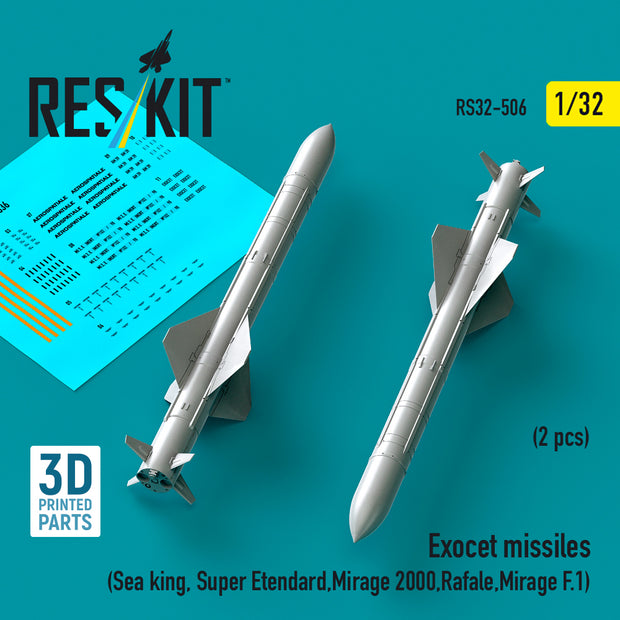 Exocet Missiles (2 pcs) (Sea King, Super Etendard, Mirage 2000, Rafale, Mirage F.1) (3D Printed) Scale 1:32 ResKit RS32-0506 for Helicopters / Aircraft Model Kit