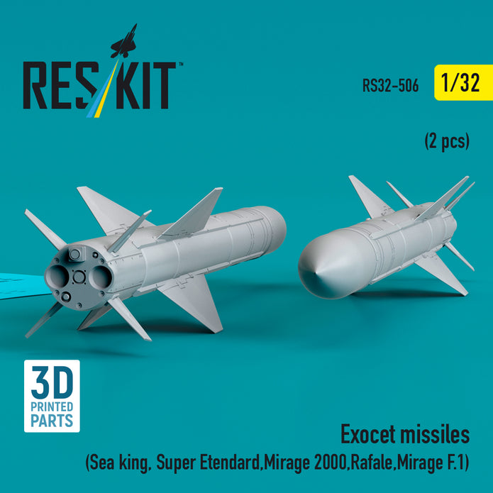 Exocet Missiles (2 pcs) (Sea King, Super Etendard, Mirage 2000, Rafale, Mirage F.1) (3D Printed) Scale 1:32 ResKit RS32-0506 for Helicopters / Aircraft Model Kit