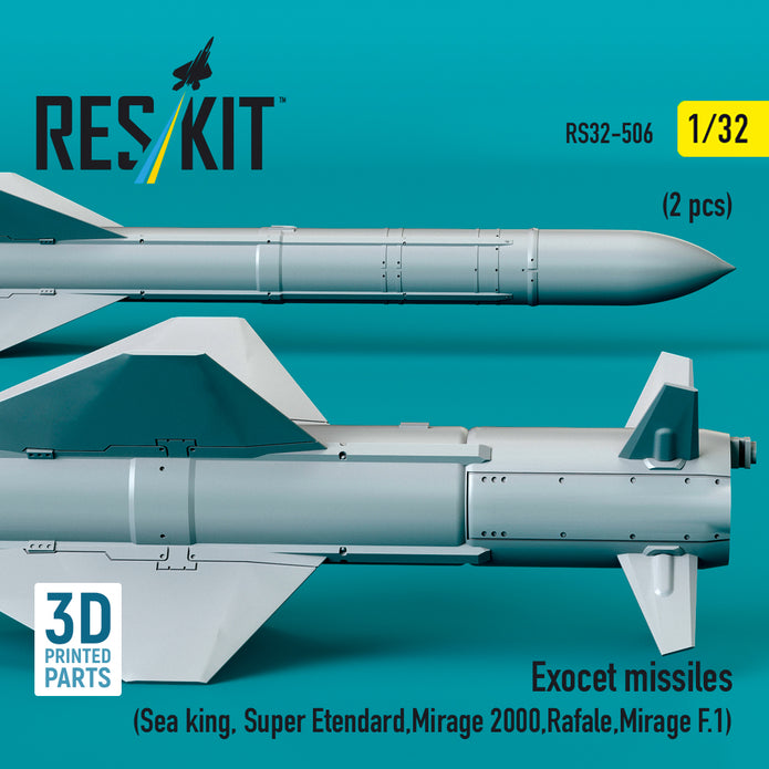 Exocet Missiles (2 pcs) (Sea King, Super Etendard, Mirage 2000, Rafale, Mirage F.1) (3D Printed) Scale 1:32 ResKit RS32-0506 for Helicopters / Aircraft Model Kit