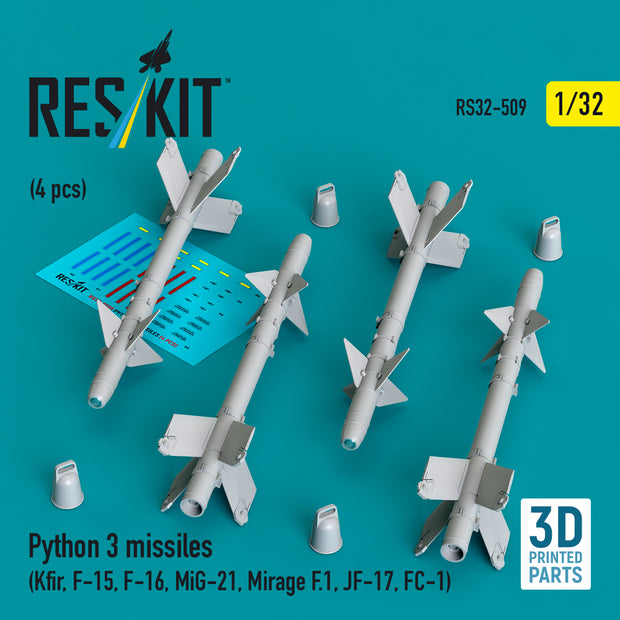 Python 3 missiles (4 pcs) (Kfir, F-15, F-16, MiG-21, Mirage F.1, JF-17, FC-1) (3D Printed) Scale 1:32 ResKit RS32-0509