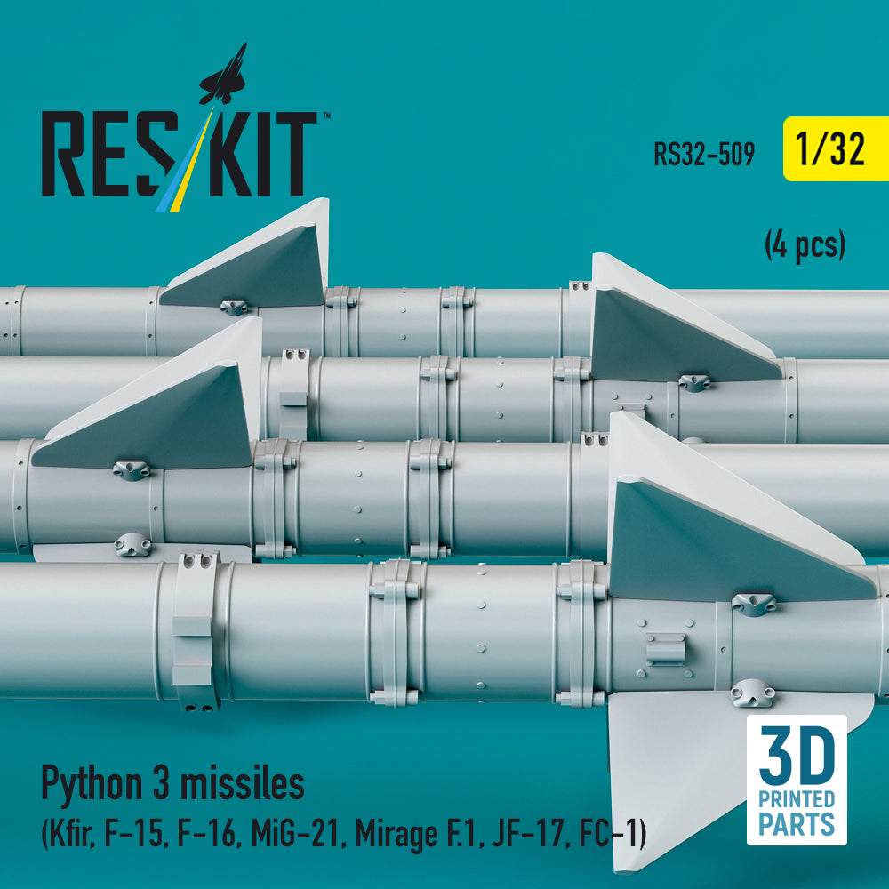 Python 3 missiles (4 pcs) (Kfir, F-15, F-16, MiG-21, Mirage F.1, JF-17, FC-1) (3D Printed) Scale 1:32 ResKit RS32-0509