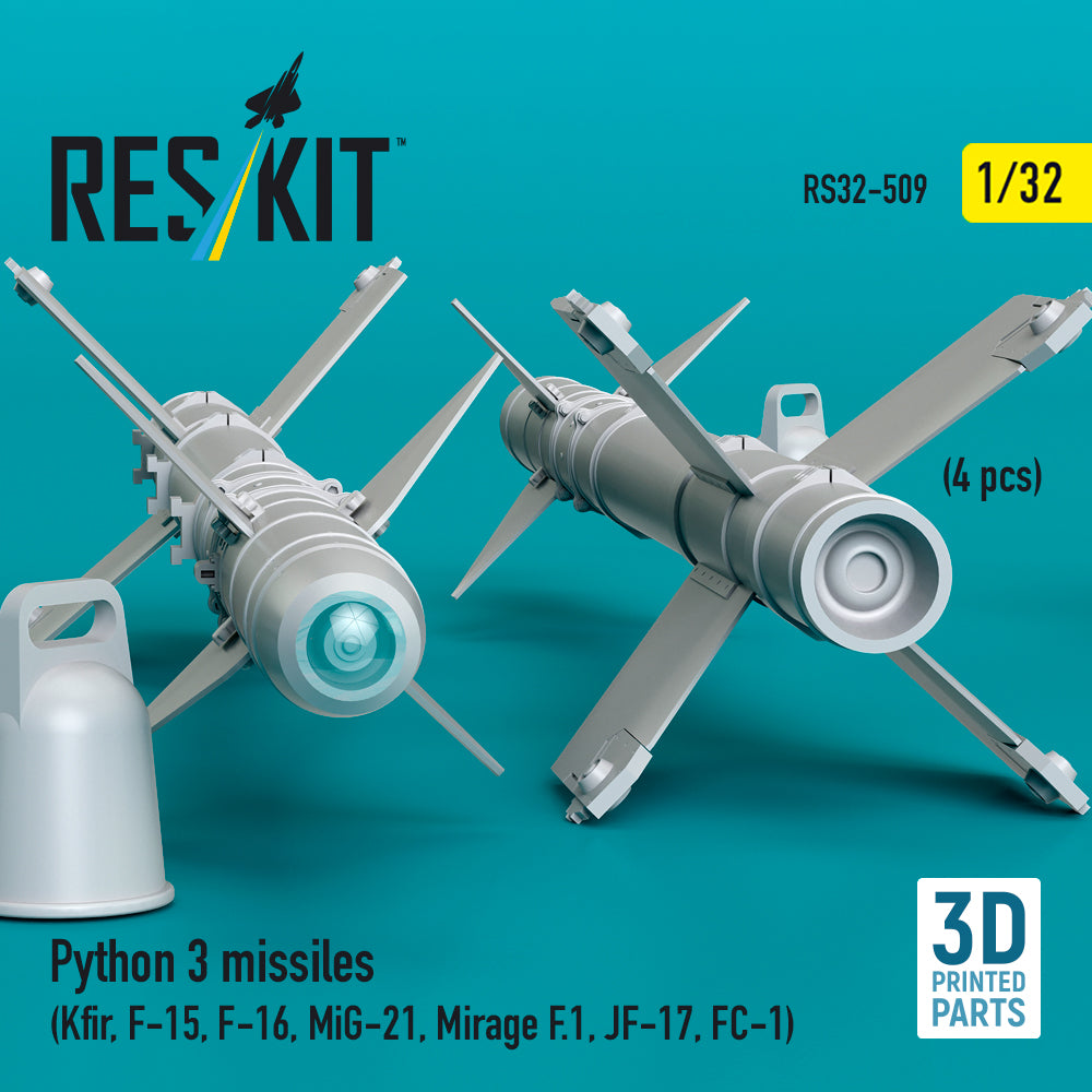 Python 3 missiles (4 pcs) (Kfir, F-15, F-16, MiG-21, Mirage F.1, JF-17, FC-1) (3D Printed) Scale 1:32 ResKit RS32-0509