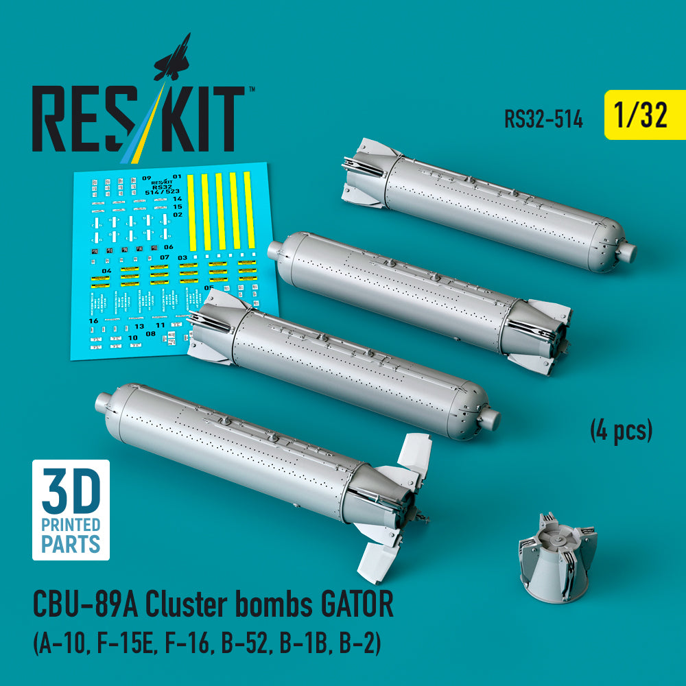 CBU-89A Cluster Bombs GATOR (4 pcs) (A-10, F-15E, F-16, B-52, B-1B, B-2) (3D Printed) Scale 1:32 ResKit RS32-0514 for Aircraft Model Kit