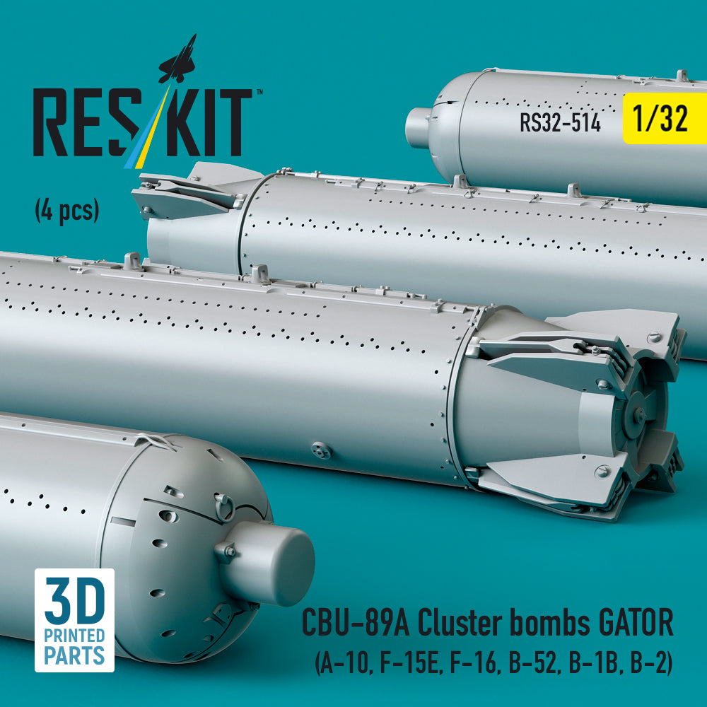 CBU-89A Cluster Bombs GATOR (4 pcs) (A-10, F-15E, F-16, B-52, B-1B, B-2) (3D Printed) Scale 1:32 ResKit RS32-0514 for Aircraft Model Kit