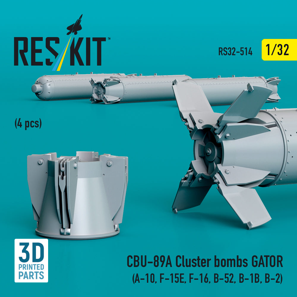 CBU-89A Cluster Bombs GATOR (4 pcs) (A-10, F-15E, F-16, B-52, B-1B, B-2) (3D Printed) Scale 1:32 ResKit RS32-0514 for Aircraft Model Kit