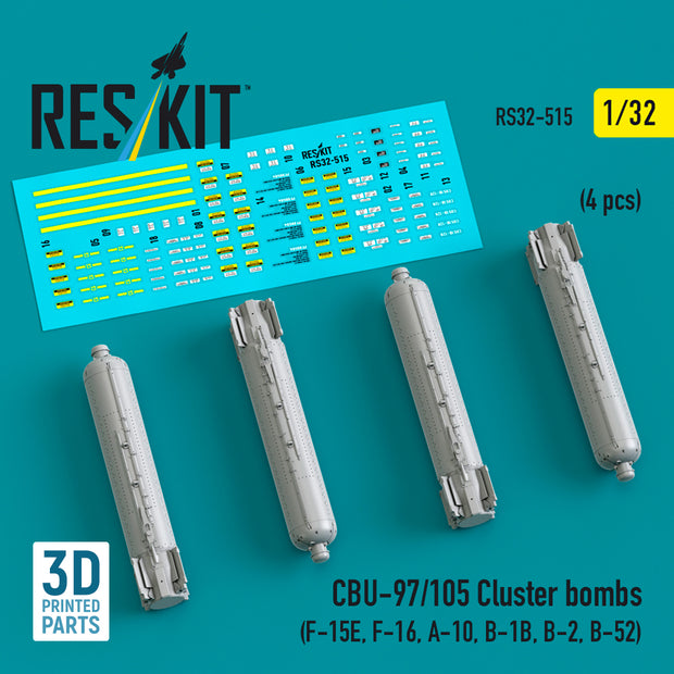CBU-97/105 Cluster Bombs (4 pcs) (F-15E, F-16, A-10, B-1B, B-2, B-52) (3D Printed) Scale 1:32 ResKit RS32-0515 for Aircraft Model Kit