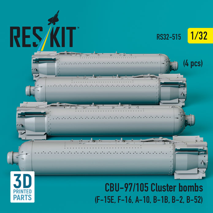 CBU-97/105 Cluster Bombs (4 pcs) (F-15E, F-16, A-10, B-1B, B-2, B-52) (3D Printed) Scale 1:32 ResKit RS32-0515 for Aircraft Model Kit