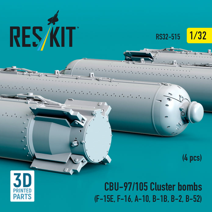 CBU-97/105 Cluster Bombs (4 pcs) (F-15E, F-16, A-10, B-1B, B-2, B-52) (3D Printed) Scale 1:32 ResKit RS32-0515 for Aircraft Model Kit