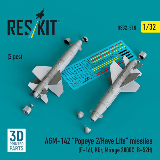 AGM-142 Popeye 2/Have Lite Missiles (2 pcs) (F-16I, Kfir, Mirage 2000C, B-52H) (3D Printed) Scale 1:32 ResKit RS32-0518 for Aircraft Model Kit