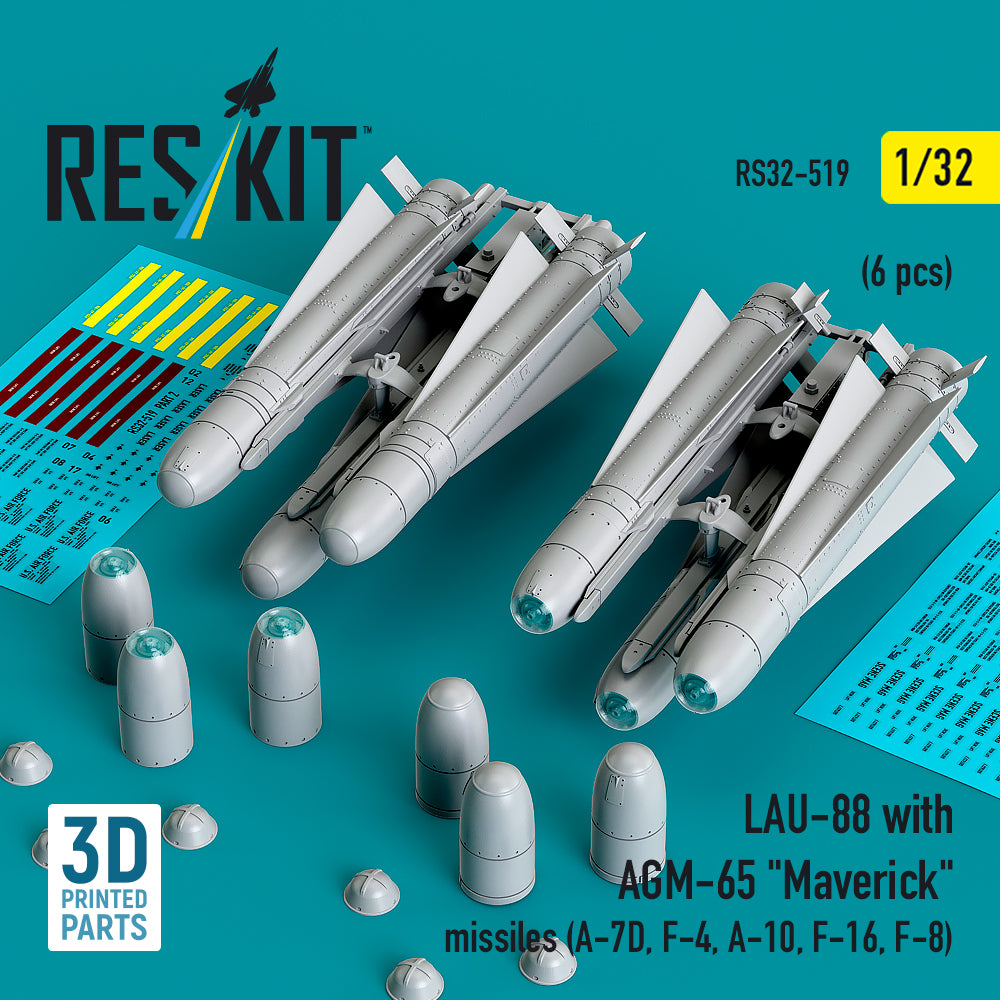 LAU-88 with (2 pcs) AGM-65 Maverick Missiles (6 pcs) (A-7D, F-4, A-10, F-16) (3D Printed) Scale 1:32 ResKit RS32-0519 for Aircraft Model Kit