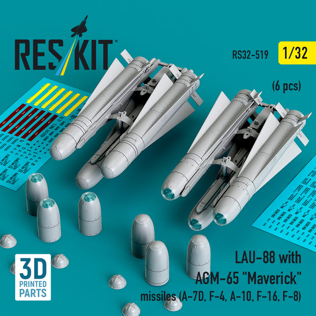 LAU-88 with (2 pcs) AGM-65 Maverick Missiles (6 pcs) (A-7D, F-4, A-10, F-16) (3D Printed) Scale 1:32 ResKit RS32-0519 for Aircraft Model Kit