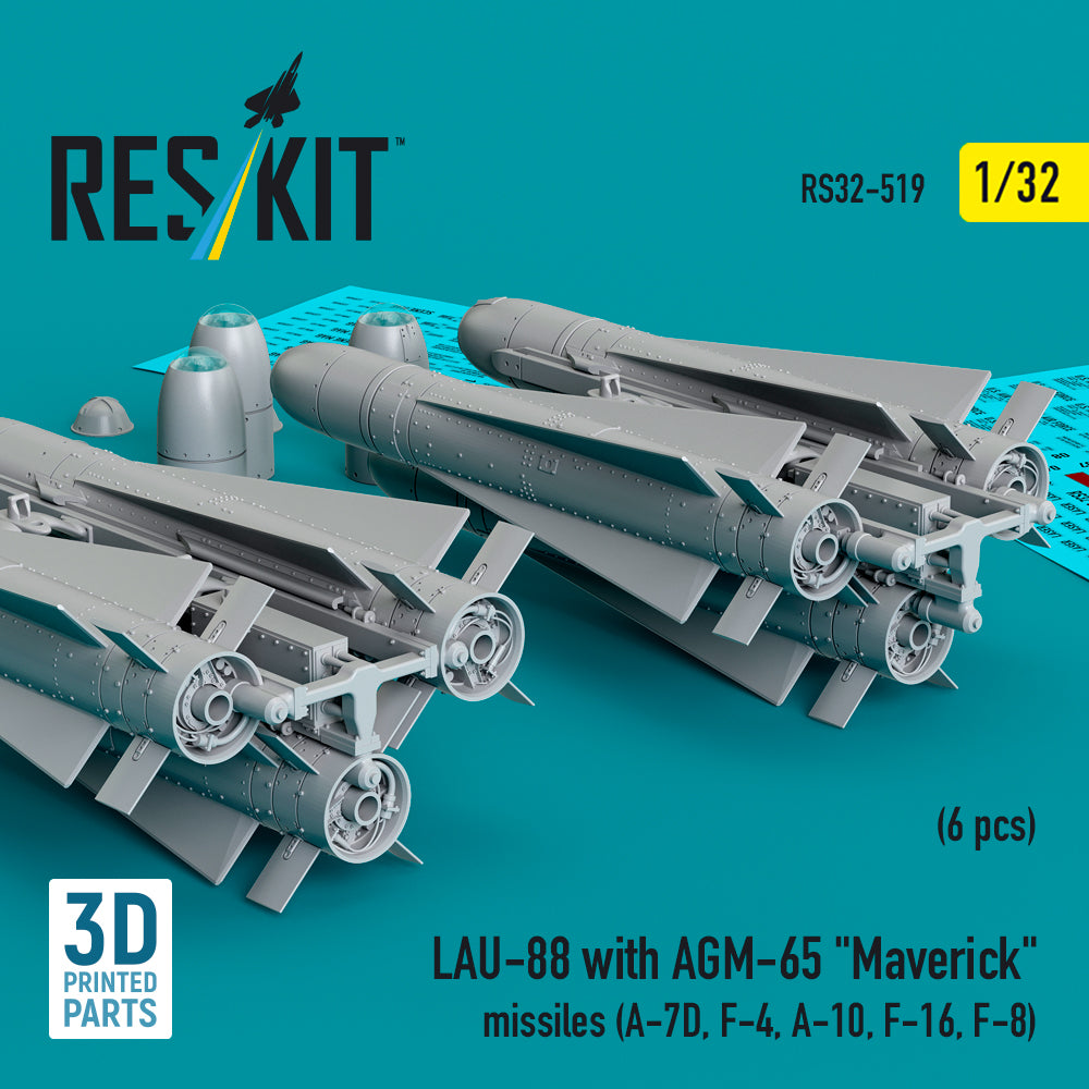 LAU-88 with (2 pcs) AGM-65 Maverick Missiles (6 pcs) (A-7D, F-4, A-10, F-16) (3D Printed) Scale 1:32 ResKit RS32-0519 for Aircraft Model Kit