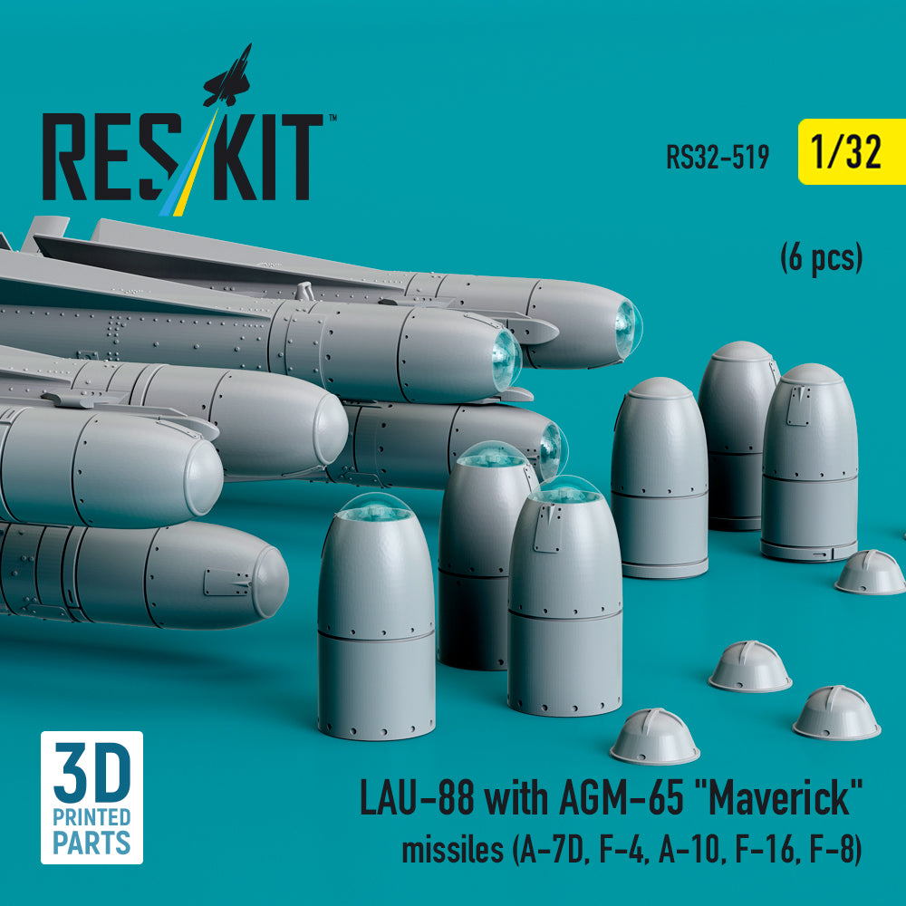 LAU-88 with (2 pcs) AGM-65 Maverick Missiles (6 pcs) (A-7D, F-4, A-10, F-16) (3D Printed) Scale 1:32 ResKit RS32-0519 for Aircraft Model Kit