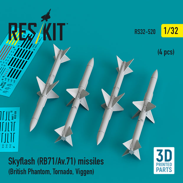 Skyflash (RB71/Av,71) Missiles (4 pcs) (British Phantom, Tornado, Viggen) (3D Printed) Scale 1:32 ResKit RS32-0520 for Aircraft Model Kit