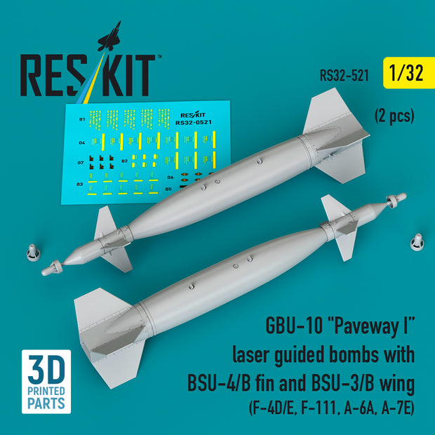 GBU-10 Paveway I laser guided bombs with BSU-4/B fin and BSU-3/B wing (2 pcs) (F-4D/E, F-111, A-6A, A-7E) (3D Printed) Scale 1:32 ResKit RS32-0521