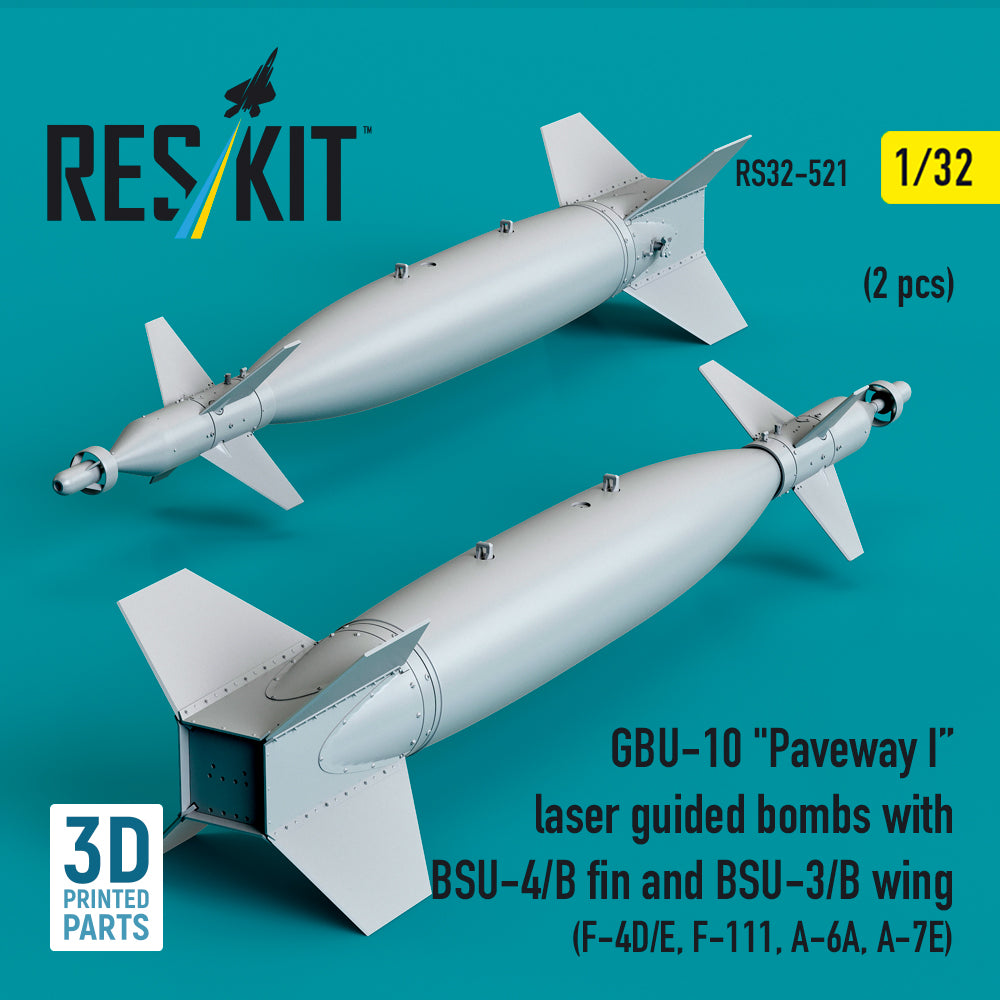 GBU-10 Paveway I laser guided bombs with BSU-4/B fin and BSU-3/B wing (2 pcs) (F-4D/E, F-111, A-6A, A-7E) (3D Printed) Scale 1:32 ResKit RS32-0521