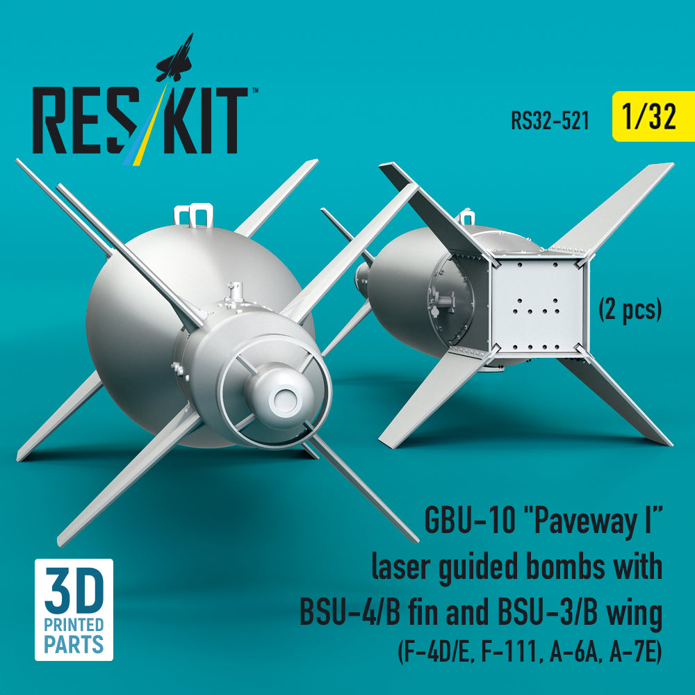 GBU-10 Paveway I laser guided bombs with BSU-4/B fin and BSU-3/B wing (2 pcs) (F-4D/E, F-111, A-6A, A-7E) (3D Printed) Scale 1:32 ResKit RS32-0521