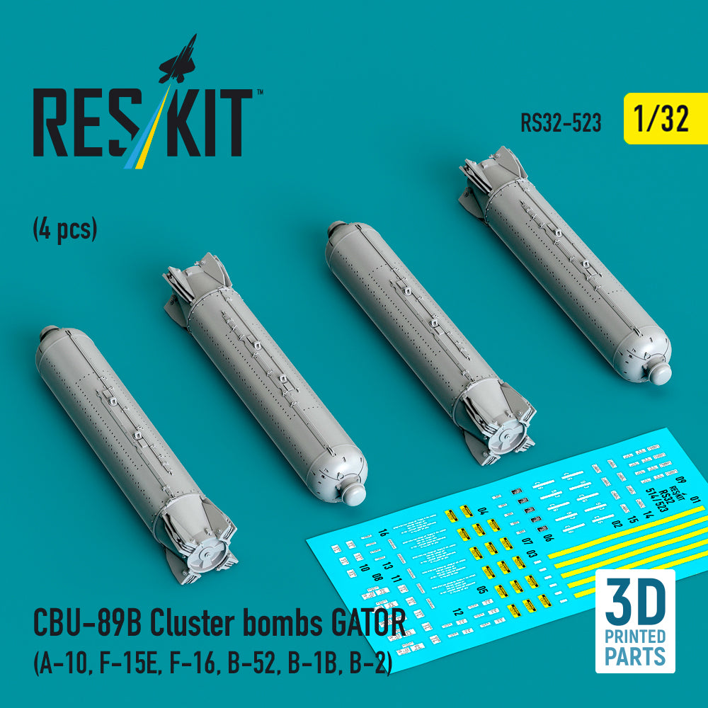 CBU-89B Cluster Bombs GATOR (4 pcs) (A-10, F-15E, F-16, B-52, B-1B, B-2) (3D Printed) Scale 1:32 ResKit RS32-0523 for Aircraft Model Kit