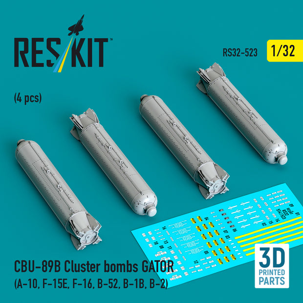 CBU-89B Cluster Bombs GATOR (4 pcs) (A-10, F-15E, F-16, B-52, B-1B, B-2) (3D Printed) Scale 1:32 ResKit RS32-0523 for Aircraft Model Kit