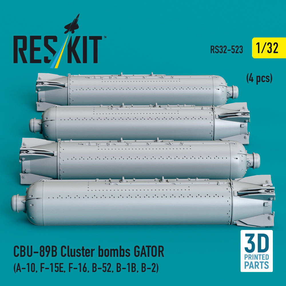 CBU-89B Cluster Bombs GATOR (4 pcs) (A-10, F-15E, F-16, B-52, B-1B, B-2) (3D Printed) Scale 1:32 ResKit RS32-0523 for Aircraft Model Kit