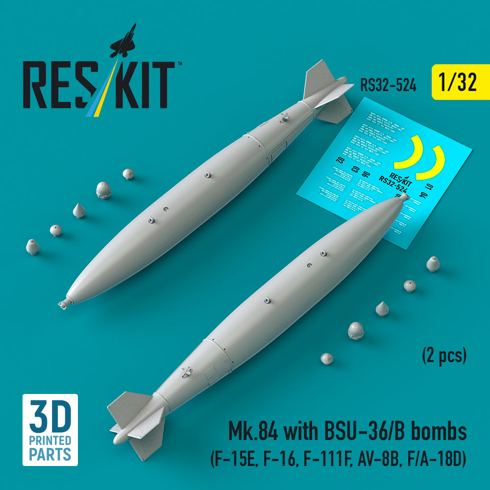 Mk,84 with BSU-36/B Bombs (2 pcs) (F-15E, F-16, F-111F, AV-8B, F/A-18D) (3D Printed) Scale 1:32 ResKit RS32-0524 for Aircraft Model Kit